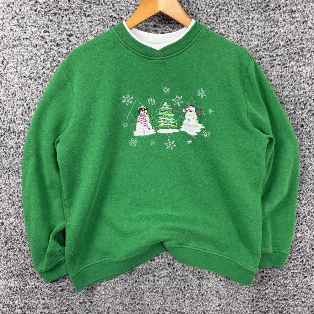 Vintage Christmas Sweatshirt Womens Large Snowman Tree Embroidered Sweater Y2K